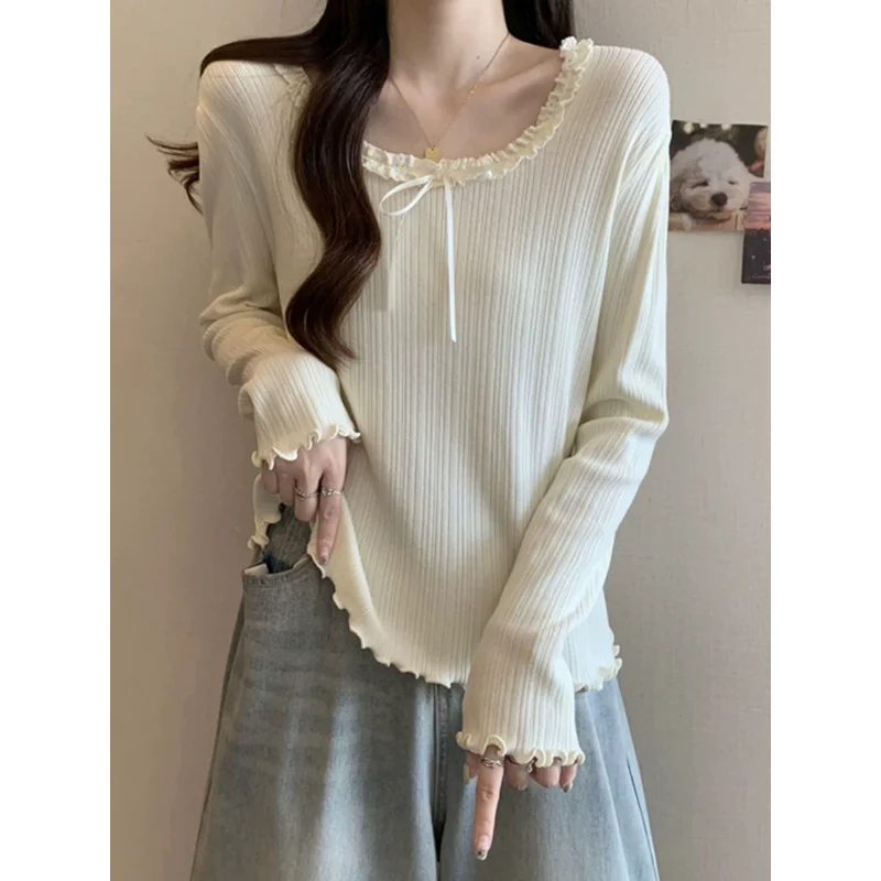 French Lace Long-sleeved T-shirt for Women Spring Autumn Wear Versatile Base Shirt Lace-up Top