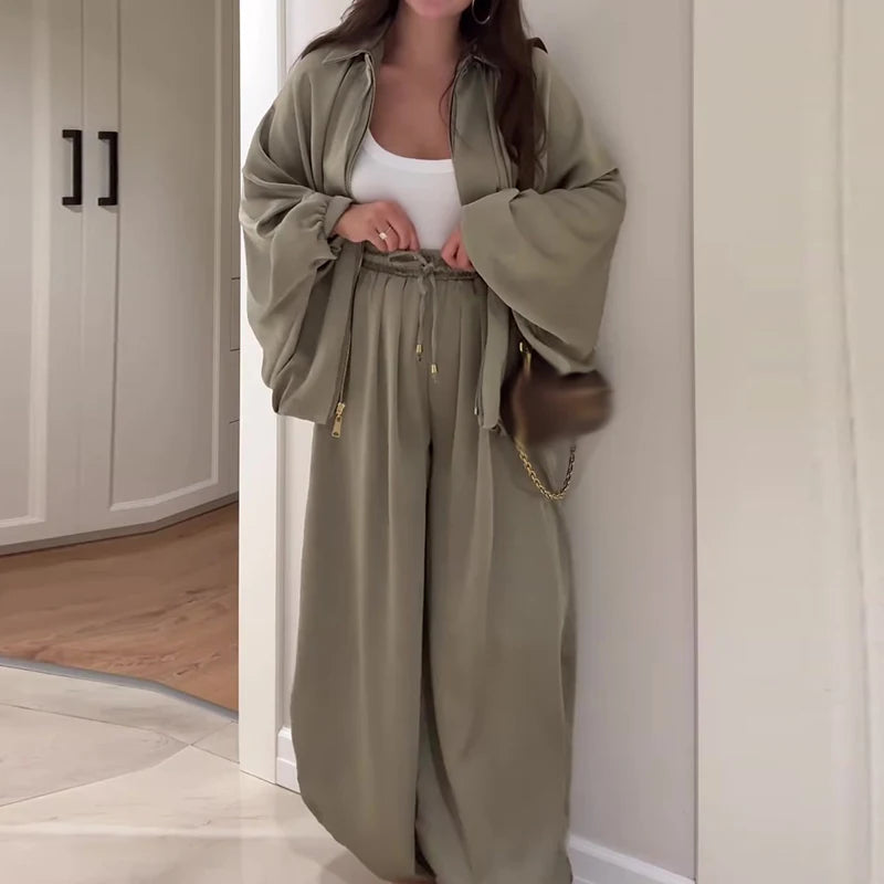 Casual Elastic Waist Pleated Wide Leg Pants Suit Autumn Fashion Comfortable Women's Two Piece New Office Long Sleeved Jacket Set