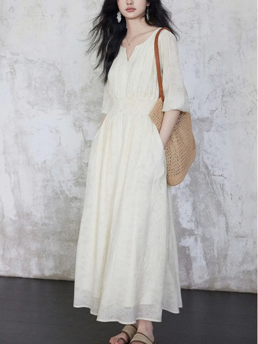 Tencel Dress, Women's Summer Retro V-Neck Slim Waist Embroidered Dress,Temperament, Long Dress, Big Bottom Dress