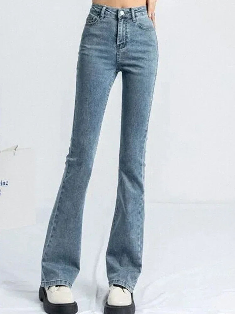 Women Korean Flare Jeans Girls High Waist Elastic Boot Cut Pants Lady Vintage Blue Black Gray Brown Denim Bell Bottom Trousers