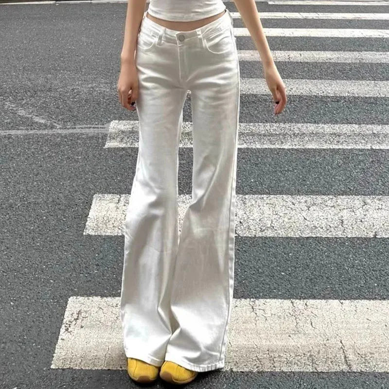 Lady High Waist Elastic Flared Jeans Pants Women Chic Straight Leg Denim Trousers Girls Slim Fit Thin Bell Bottom Pants
