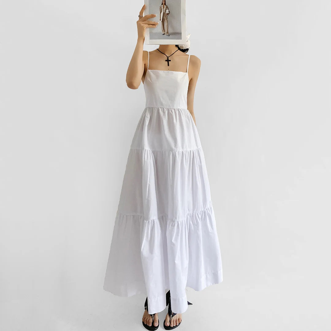 Women's Cotton Tiered Maxi Dress - Cross Back Straps Layered Skirt Summer White Beach Dress