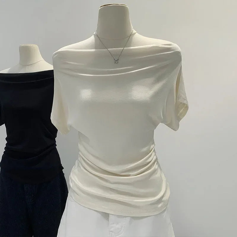 Summer Pure Desire One Shoulder Black Short Sleeve Women's T-shirt Korean Style Slimming Top Exposed Shoulder Fashionable