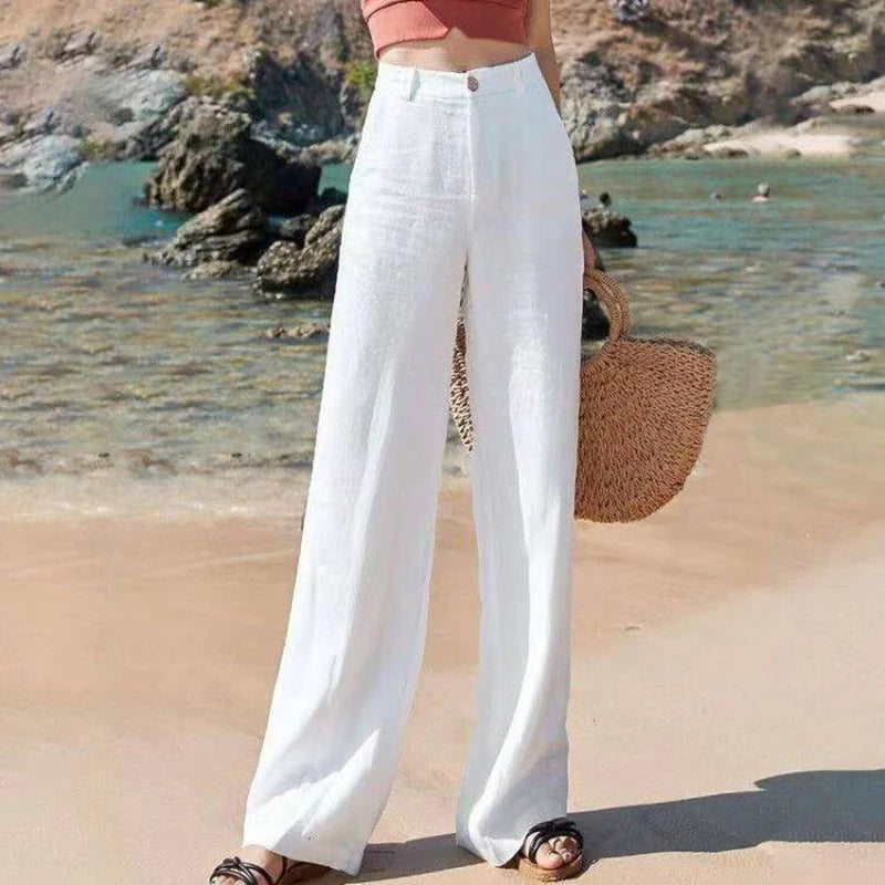 Lucyever Summer Cotton Linen Pants Women High Waist Zipper White Wide Leg Pants Woman Casual Loose Straight Full Trousers Female
