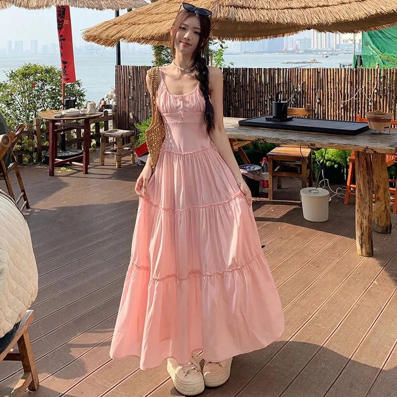 Pastoral Style Pink Long Dress for Women 2025 Summer Beach Spaghetti Strap Dresses Woman Vacation Sleeveless A Line Sundress