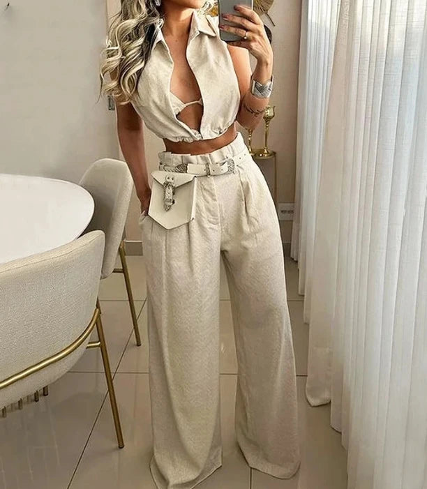 Women Two Piece Pants Set 2025 Solid Lapel V Neck Sleeveless Crop Top + Casual High Waist Pocket Wide Leg Pants Set Streetwear