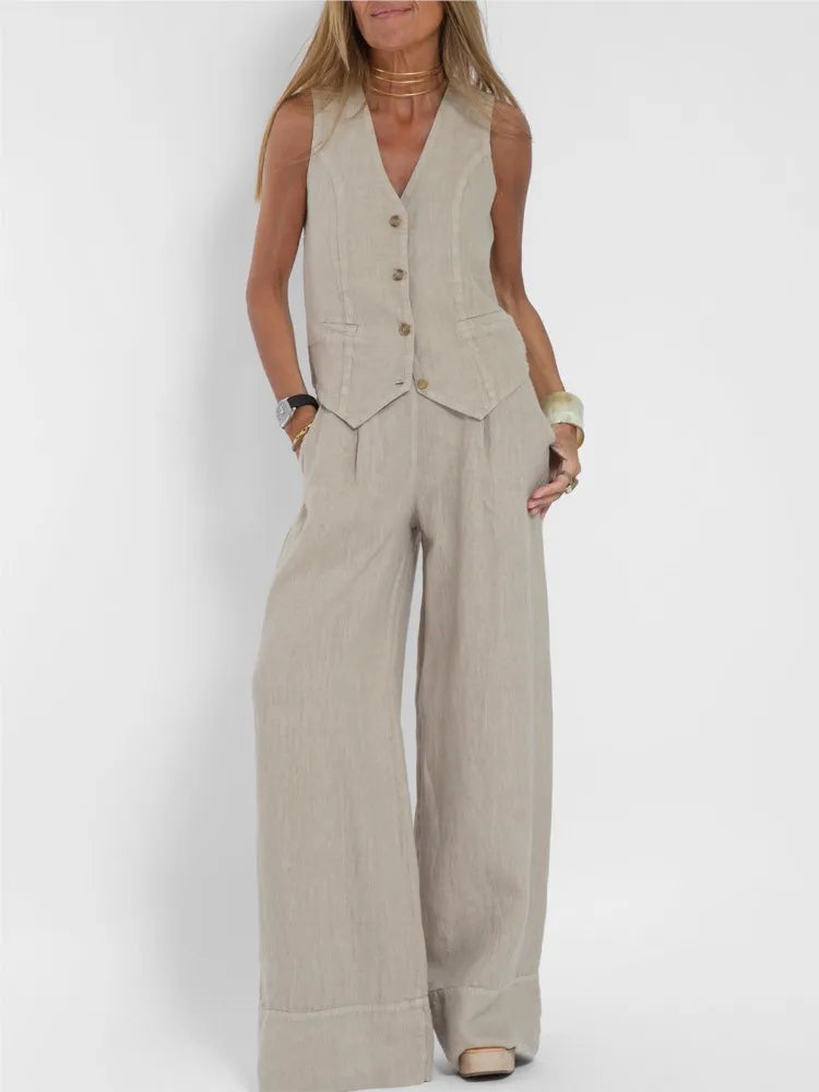 2025 Summer New Cotton Linen Women 2pcs Sets Solid Color Fashion Vest Tops And Long Trouser Patchwork Suit Casual Female Outfits