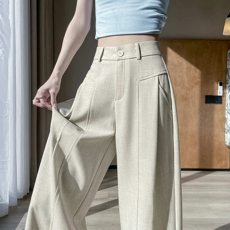 Spring Summer Vintage Linen Women's Wide Leg Pants Pockets 2025 New High Waist Solid Casual Loose Full Length Trousers Female