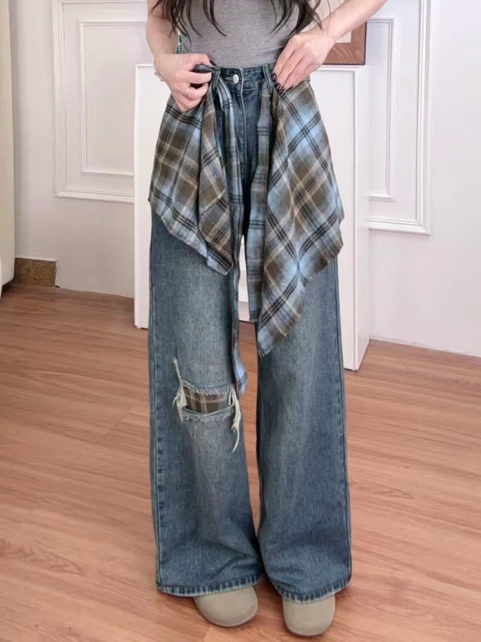 Old Ripped Woman Jeans Pocket Zipper Straight Wide-leg Loose Pants 2025 Spring Summer High Street Holiday Female Trousers