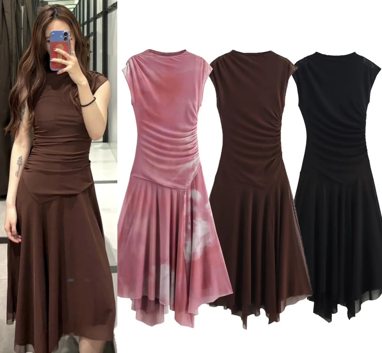 ETJ 2025  Spring New women's beautiful elegant asymmetrical design stand collar pleated silk mesh sleeveless dress