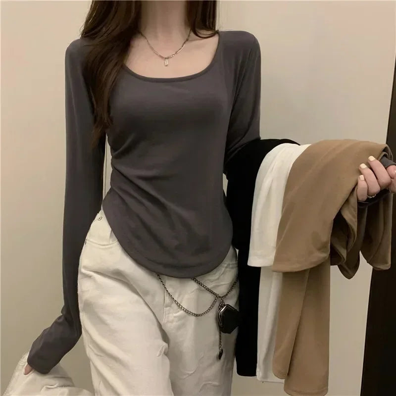 Spring  Autumn Square Neck Long Sleeve T-Shirt Women New Irregular Hem Slim Casual Top Winter Solid Bottom Shirts New Korean