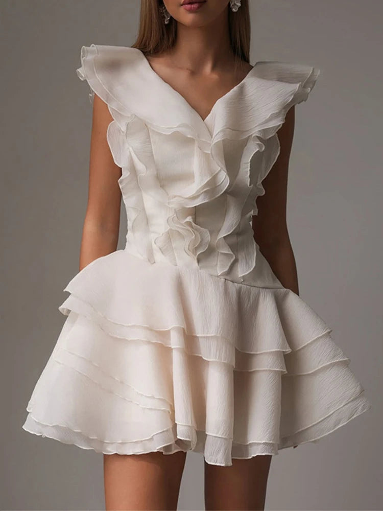 Elegant Fly Sleeve Ruffled Mini Dresses for Women Chic V Neck High Waist Female Short Dress 2025 Summer New Slim A Line Vestidos