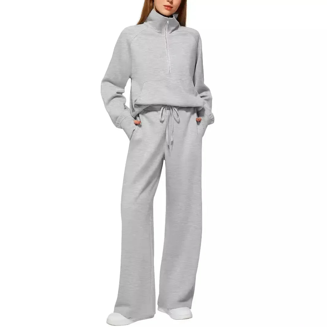 2025 Women's Style 2-Piece Set Oversized Zippered Ultra-Wide Leg Sweatpants Casual Suit Coat and Shorts