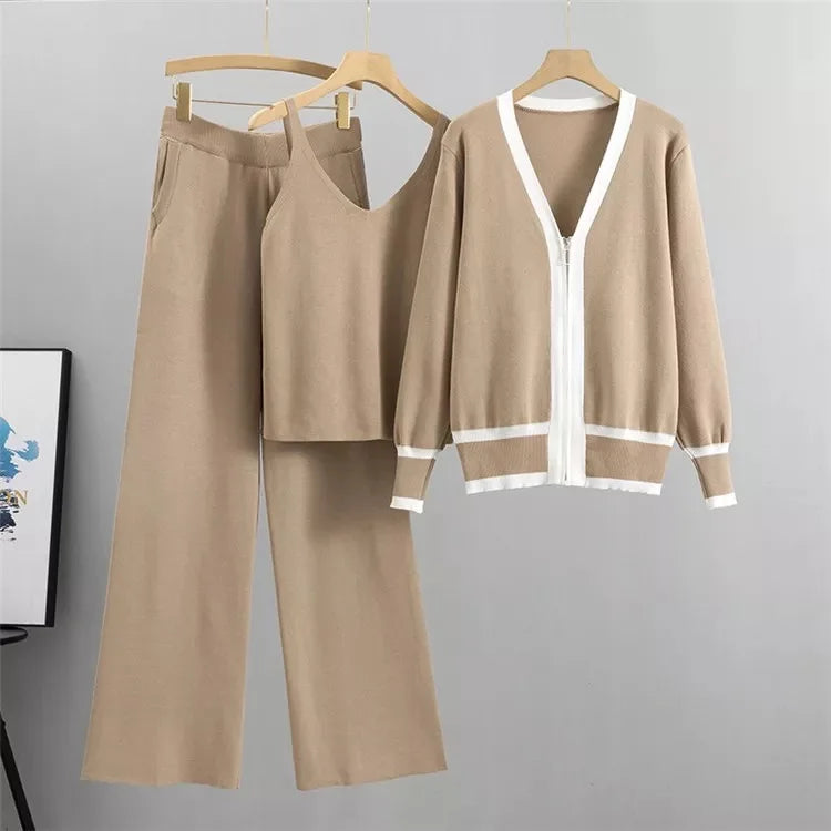 Three Piece Sets Women Pant Set Knitted V Neck Sleeveless Vest Zipper Matching Sets Casual Coats Wide Leg Long Pants Loose