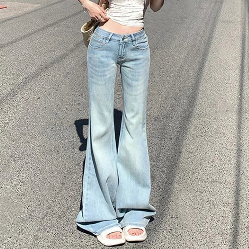 Female Streetwear Retro Low Waist Jeans Lady Fashion Thin Bell Bottom Pants Women Korean Loose Fit Denim Trousers