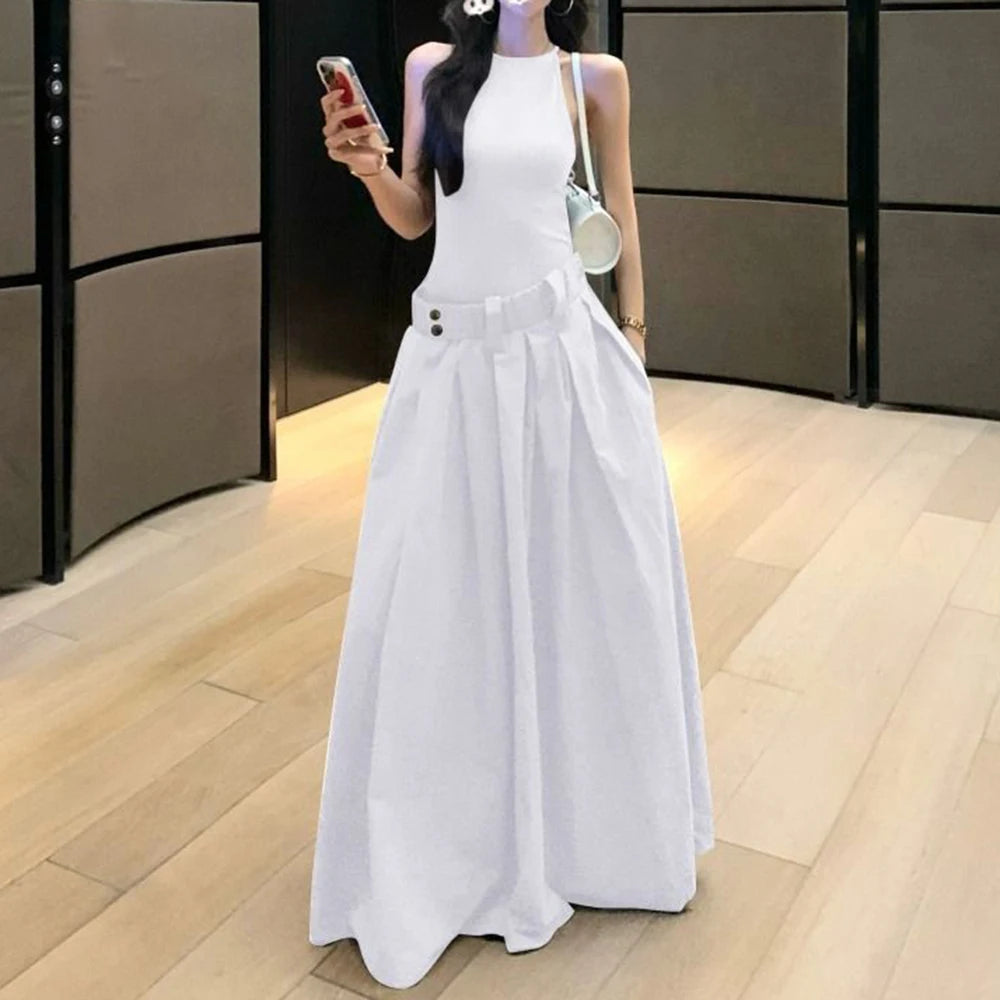 Splicing fake two-piece gray suspender dress women's summer  high waist pendulum long dress design sense a-word skirt
