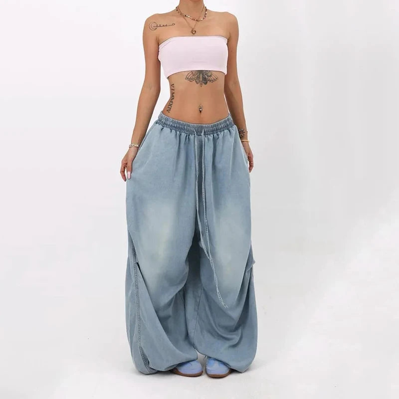 Autumn Oversized Women Wide Leg Jeans Y2K Hip Hop Streetwear Loose Denim Pants High Waist Drawstring All Match Straight Trousers