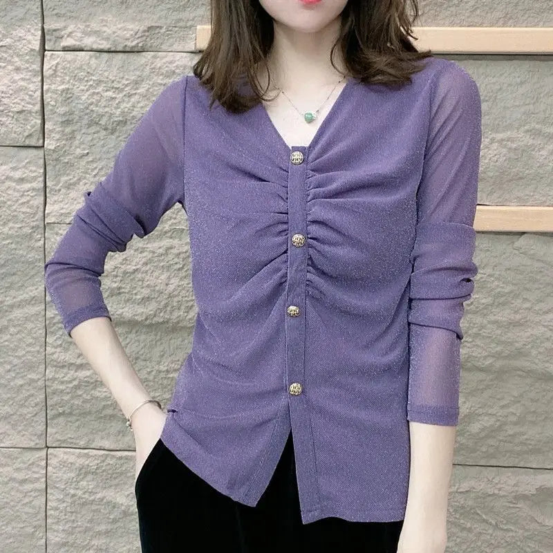 Wrinkled V-neck Long Sleeves Shiny Silk T-shirt for Women Spring Autumn Simply Commuting Temperament Tops Fashion Women Clothing