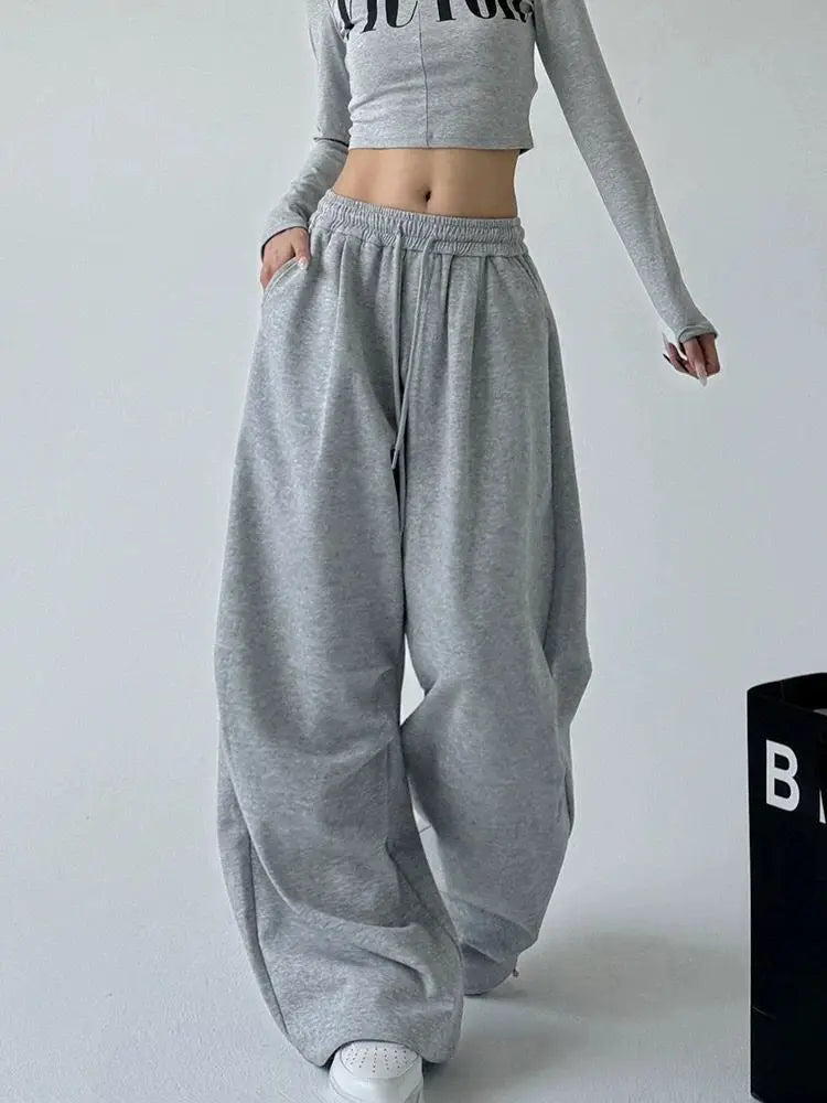 2025 New Harajuku Wide Leg Sweatpants Women Streetwear Baggy Oversize Gray Sports Pants Woman Drawstring Casual Joggers Trousers