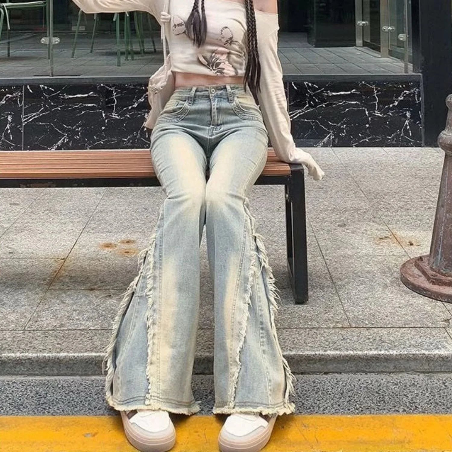 Women Vintage Blue Jeans High Waist American Retro 90s Raw Material Edge Design Y2k Denim Pants Streetwear Wide Leg Jeans