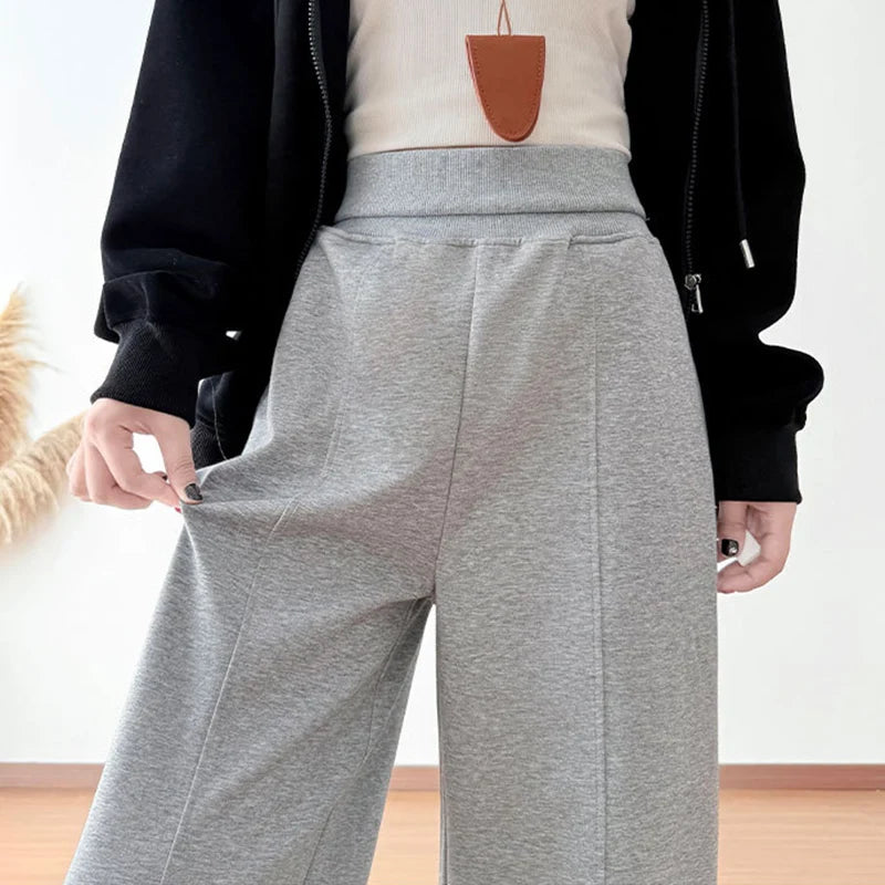 2025 Autumn High Elastic Waist Gray Sweatpants for Women American Simple Jogger Trousers High Quality Loose Wide Leg Sports Pant