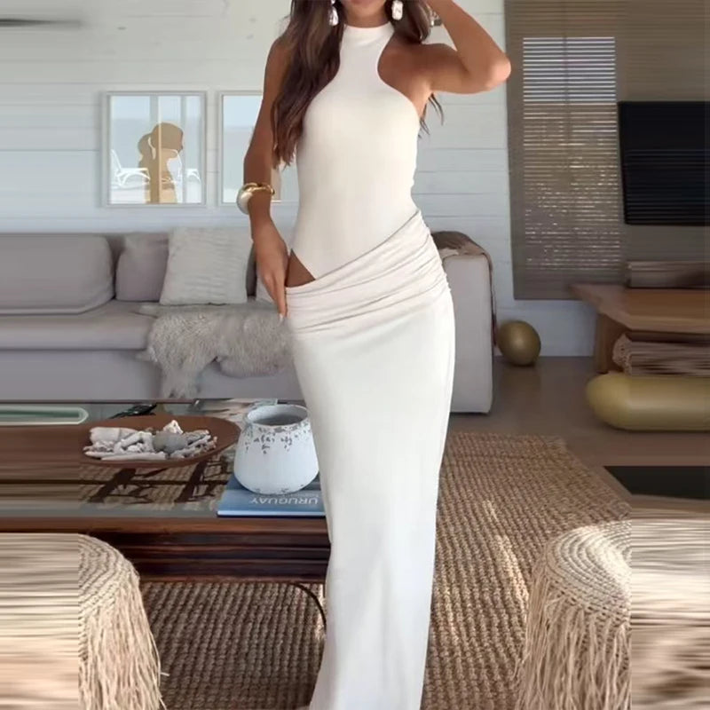 Fashion Hight Waist Draped Party Dress Elegant O Neck Hollow Out Slim  Wrap Hip Dress Women Casual Sleeveless Solid Long Dresses