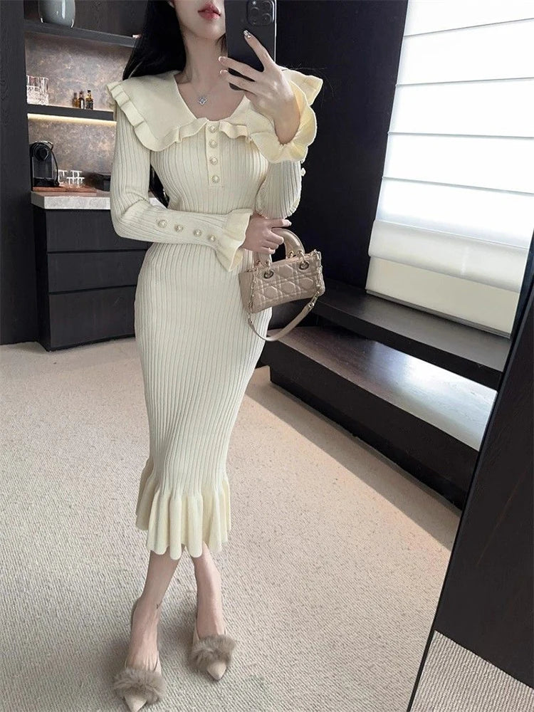 Elegant Ruffled Slim Mermaid Dress Women Autumn New Patchwork Casual Midi Dress Female Korean Long Sleeve Knit Folds Vestidos