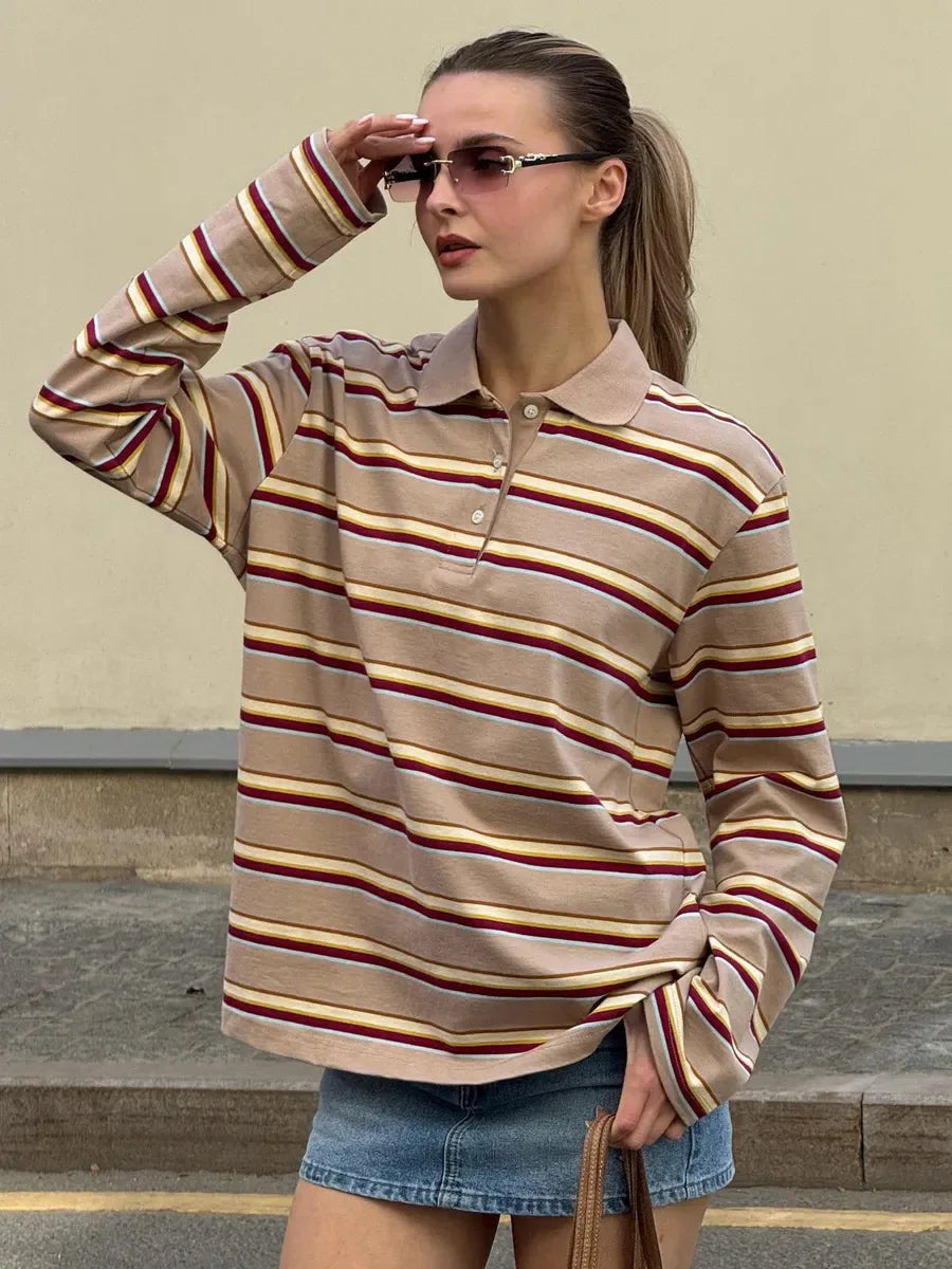Bornladies Spring Summer New Women's Retro Striped Polo Collar Oversized Long Sleeve T - Shirt Trendy Casual Loose Basic Top