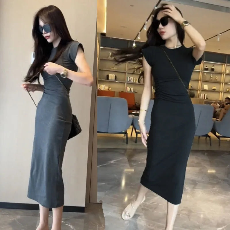 Coquette Slim Fit Bodycon Midi Dress Summer Autumn Elegant Knee-Length Dress for Women Short Sleeve Mid-Calf X-Shape Pure & Sexy