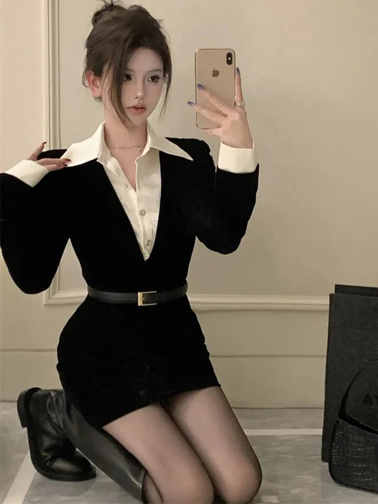 Black Patchwork Mini Dress Women Autumn Elegant Hepburn Style Fake Two Piece Dress Sexy Slim Long Sleeve Lapel Splicing Dress