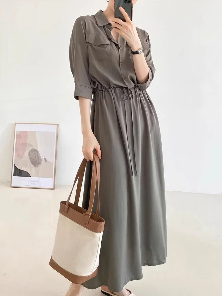 Retro  Collar Long Dr Women's A-Line Midi Skirt Dstring Waist Loose Fitting f Sve Pure Color Commute Sle