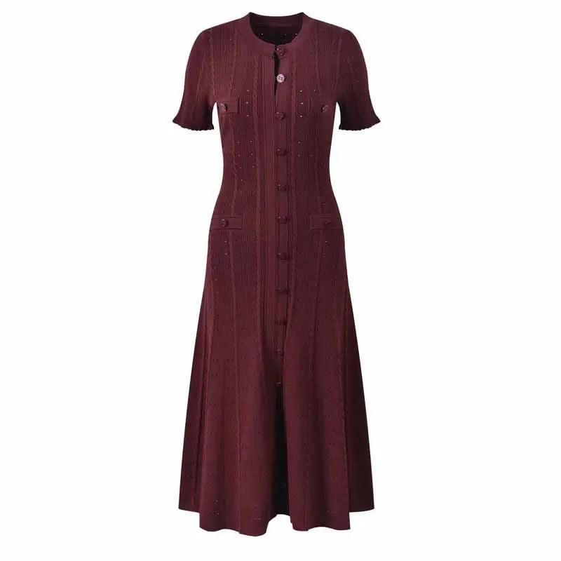 Summer Solid Round Neck Short Sleeved Office Lady Knitted Dress Women Korean Single Breasted Hollow Out Long Dress Fashion Trend