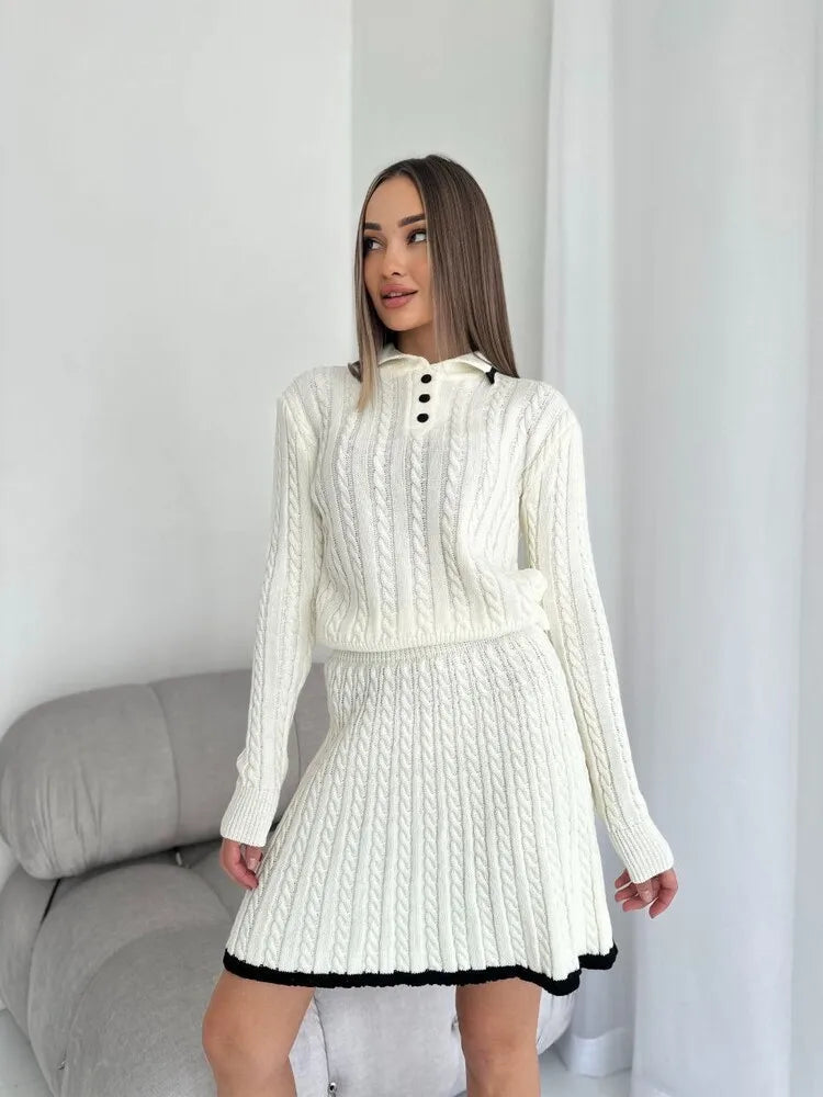 New Arrival Women Solid Color Knitted Skirts Two Piece Set Long Sleeve Lapel Buttons Knitting Sweater Short Skirt 2 Piece Sets