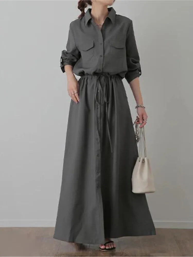Solid Color Shirts Long Dresses Women Fashion Casual Lapel Long Sleeve Drawstring Elastic Waist Dress Female Commuting Clothing