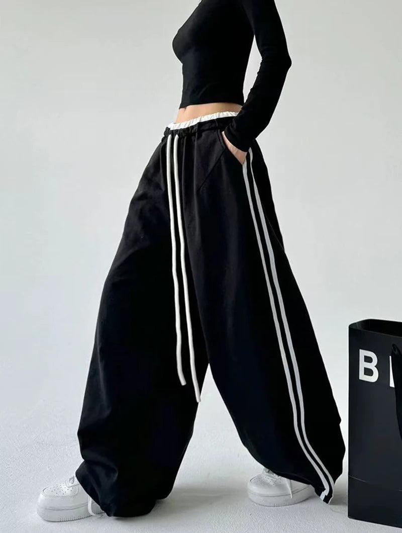 Chic Striped Sweatpants Women Fashion Streetwear Oversized All Match Wide Leg Pants High Waist Patchwork Casual Straight Trouser