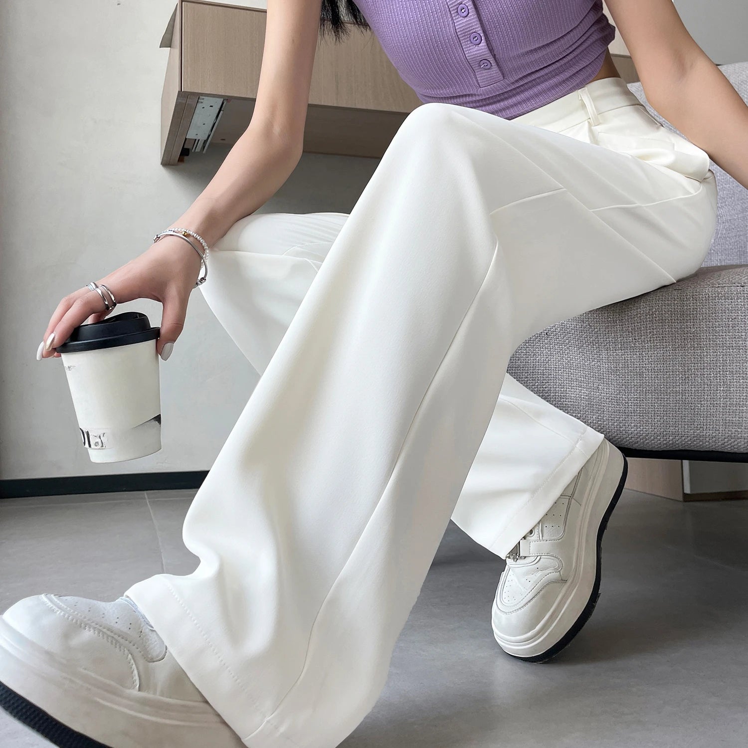 2025 New Spring Summer White Wide Leg Pants for Women Elegant Solid Office Lady Korean Women's Casual Loose Pants Female