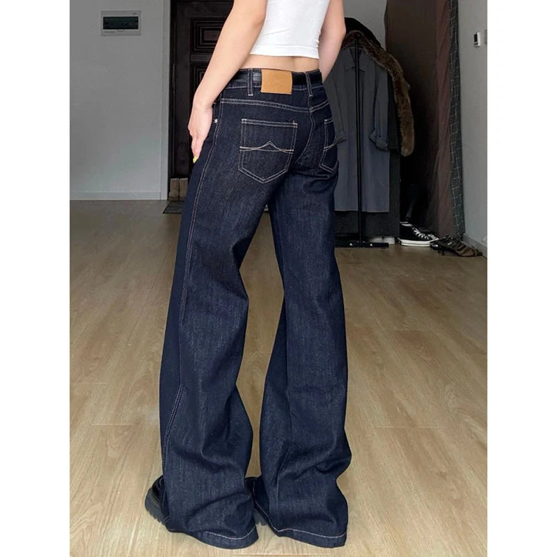 Blue Women's Jeans Hip-hop Fashion Vintage Streetwear Y2K Wide Leg Straight Jean High Waist Trouser Classic Baggy Denim Pants