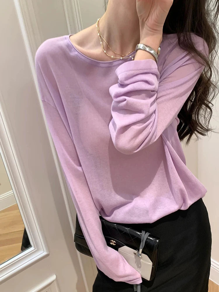 Summer Women's Long Sleeve Knit T-shirt Ultra Thin Sun Protection Micro Transparent Round Neck Top 100% Lyocell Striped Jumper