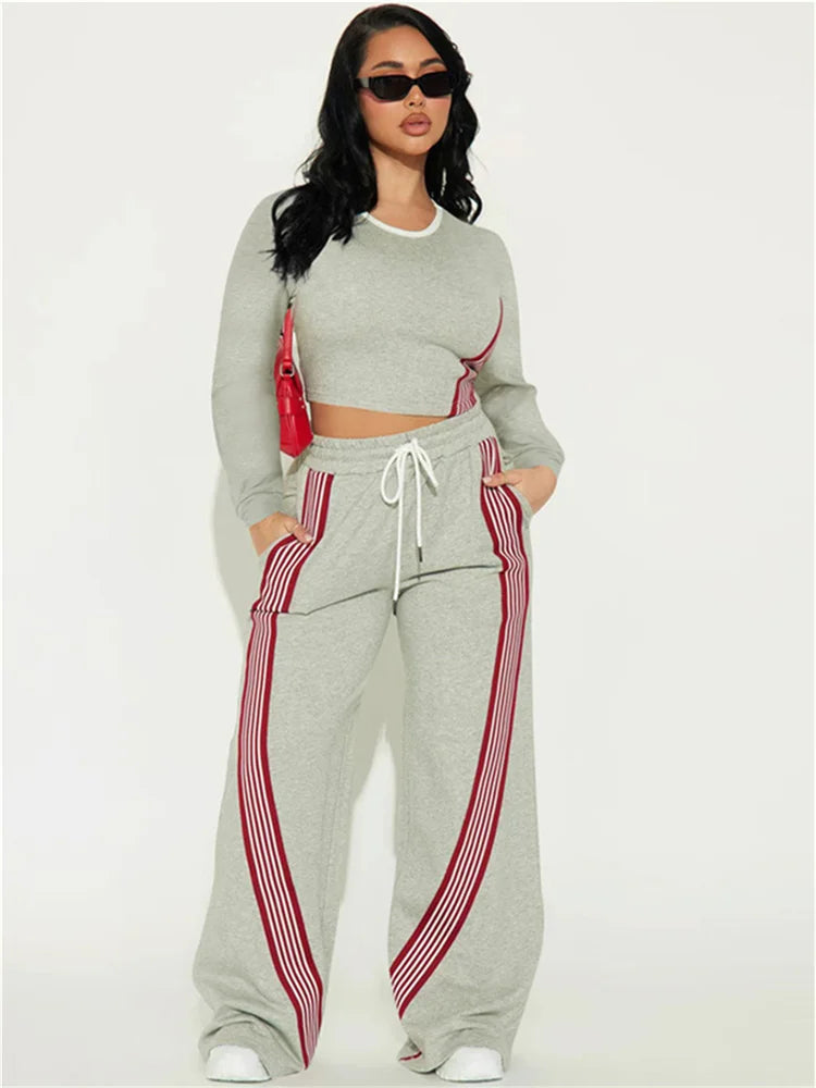 Weird Puss Contrast Stripe Design 2 Piece Set Women o-Neck Full Sleeve Crop Tops+Drawstring Long Pants Casual Sporty Style Suits