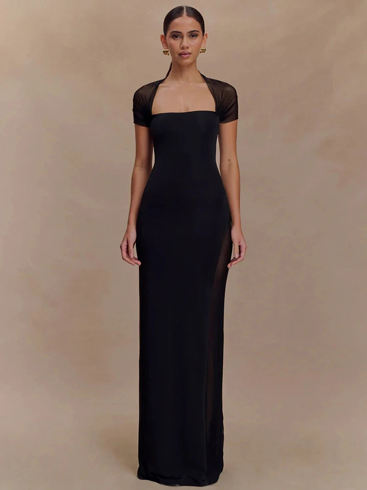 kliou Mesh Patchwork Women Maxi Dress Classic Sexy See Through Square Neck Backless Straight Bodycon Female Elegant Party Frock