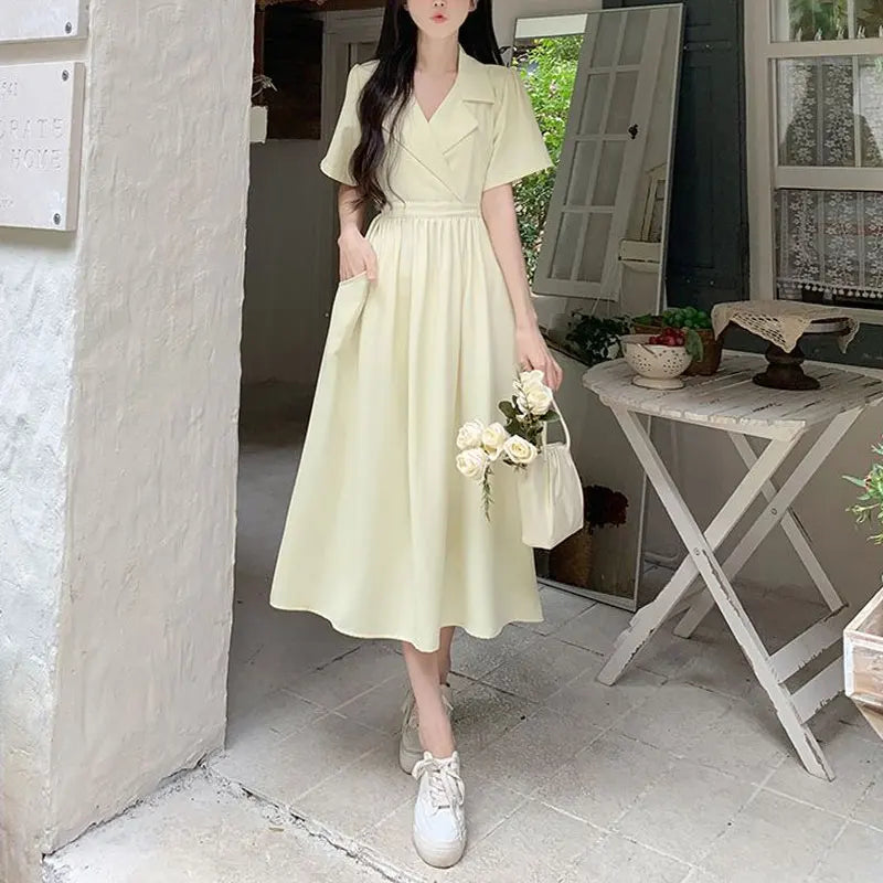 Summer French Style A-Line Dresses Fashionable Folds Women's Clothing Solid Color Basic Lapel Short Sleeve Aura Waist Long Dress