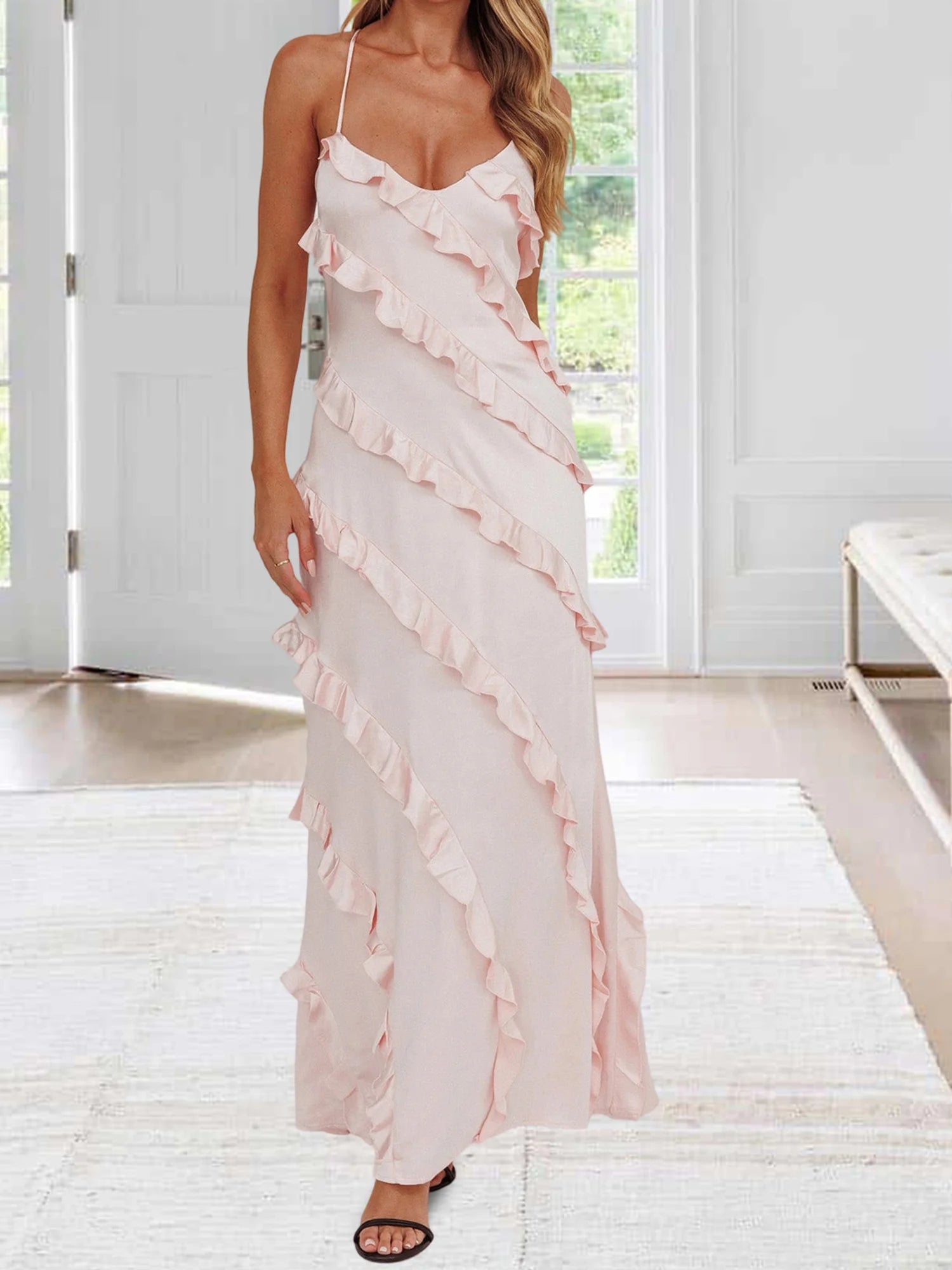 Women s Elegant Floral Print Maxi Dress with Adjustable Spaghetti Straps and Ruffle Trim Detail for Summer Beach Party