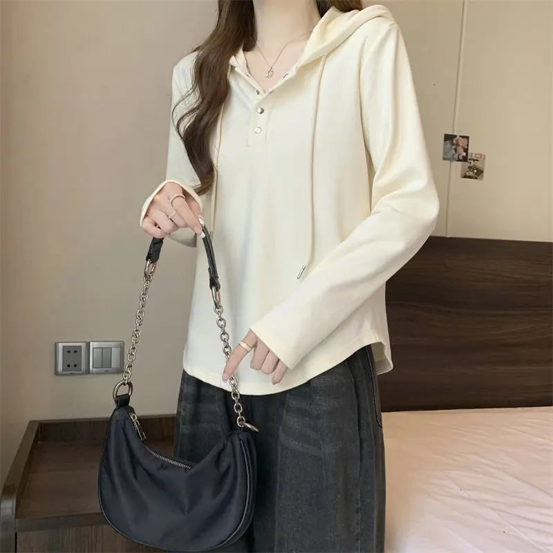 Spring and Autumn New Casual Cotton Hooded Long Sleeve T-shirt Slimming Women's Top
