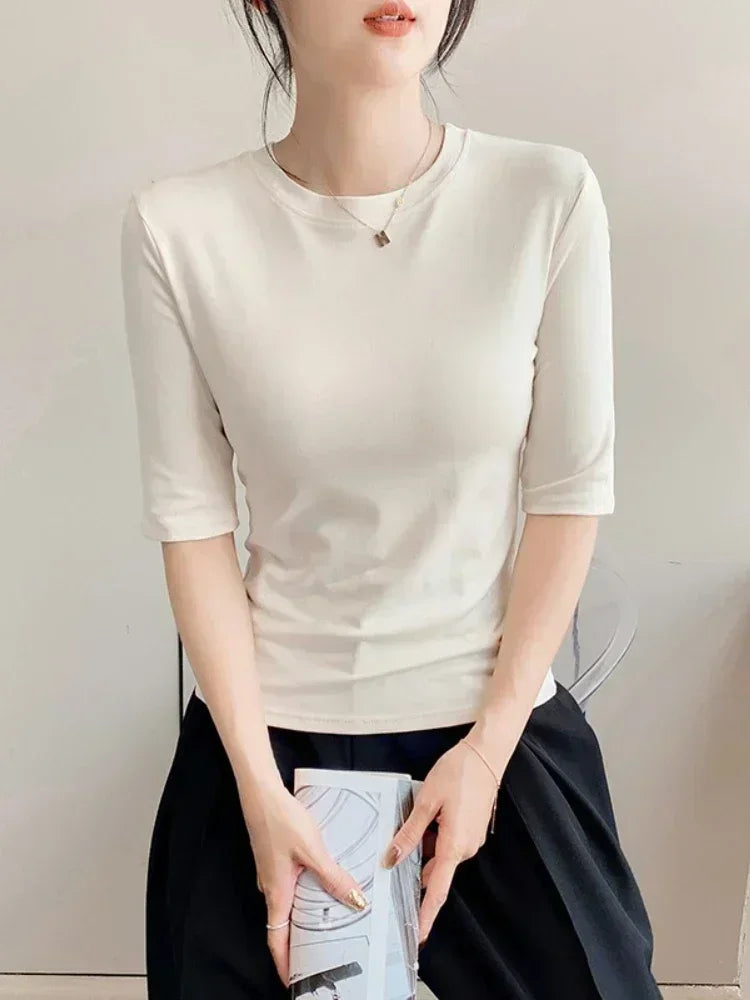 2025 Basic Solid Top Short Sleeve Crewneck Skinny T-shirt Summer Casual Tee for Women y2k Vintage Top Harajuku Streetwear