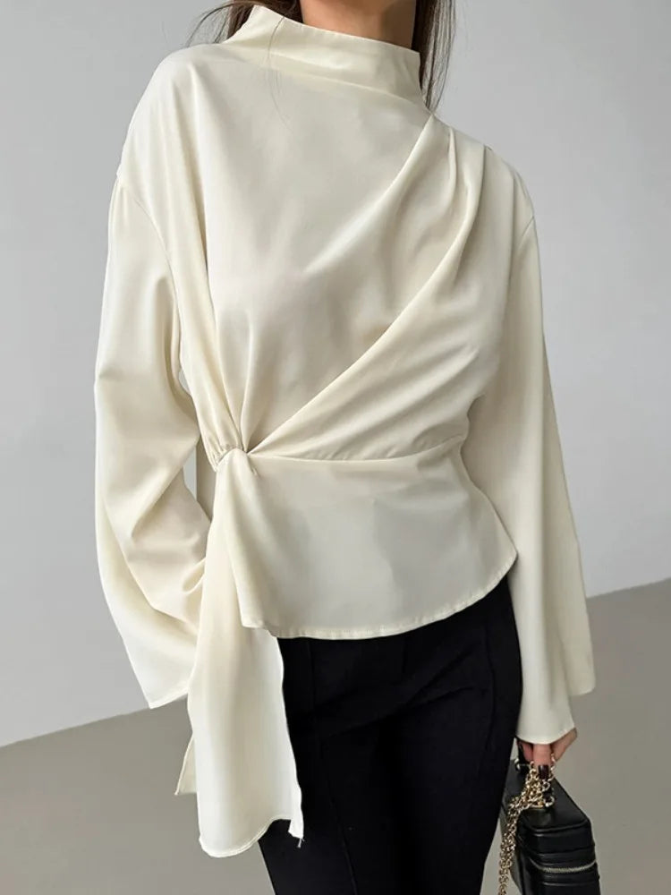 Onecozyday Solid Color High Neck Relaxed Long Sleeve Blouse for Women Flared Sleeves Loose Fit Elegant Shirt Tops 2025 New
