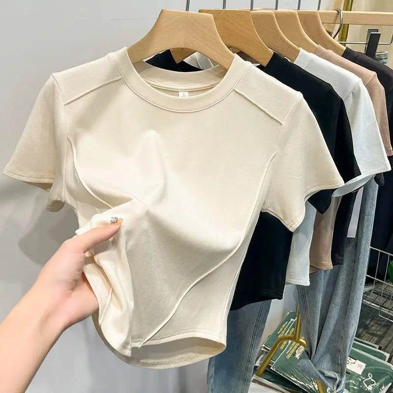 2025 Summer White T-shirt Cotton Female Short-sleeved Student Versatile Slim T-shirt Harajuku Crop Top Trend