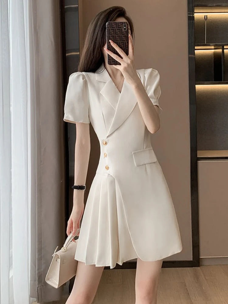 Korean Fashion Women's Short Sleeve Solid Sheath Dresses Office Lady Summer Single-button Closure A-line Pleated Suit Skirt