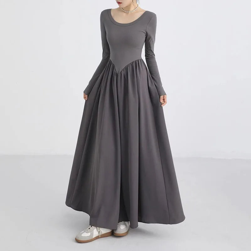 Korean Slim Waist Long Dresses for Women French Style Patchwork Long Sleeve Dress Woman Elegant Simple O-Neck A-Line Midi Dress